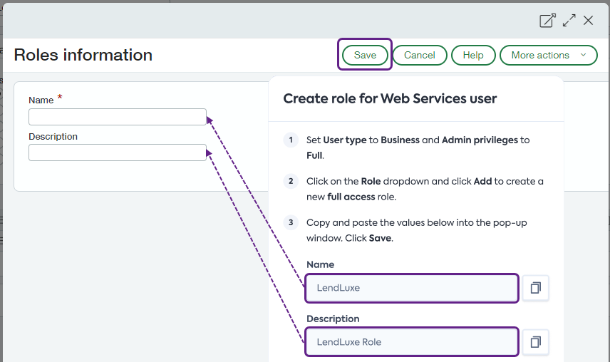 Screenshot of Sage Intacct interface displaying the Role information screen. Next to it, an image of the connection flow is added with Name and Description fields visible. There are arrows showing the process of copying and pasting Name and Description values from the flow to the Sage Intacct window.