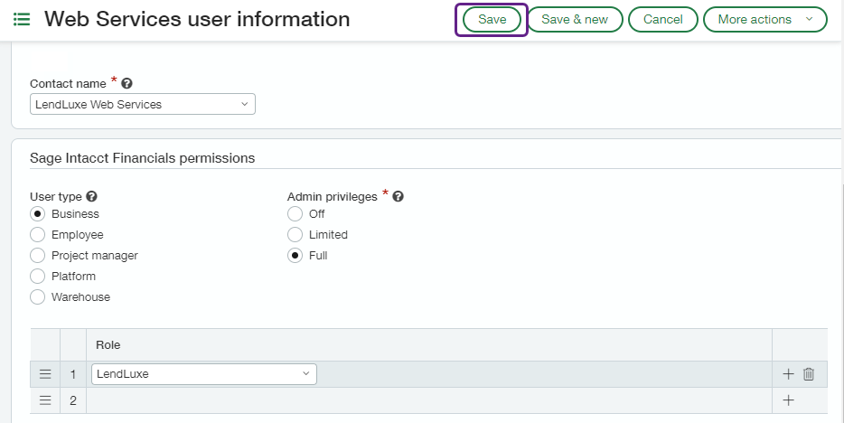 Screenshot of Sage Intacct interface displaying the Web Services user information screen. The final user Save button is highlighted.